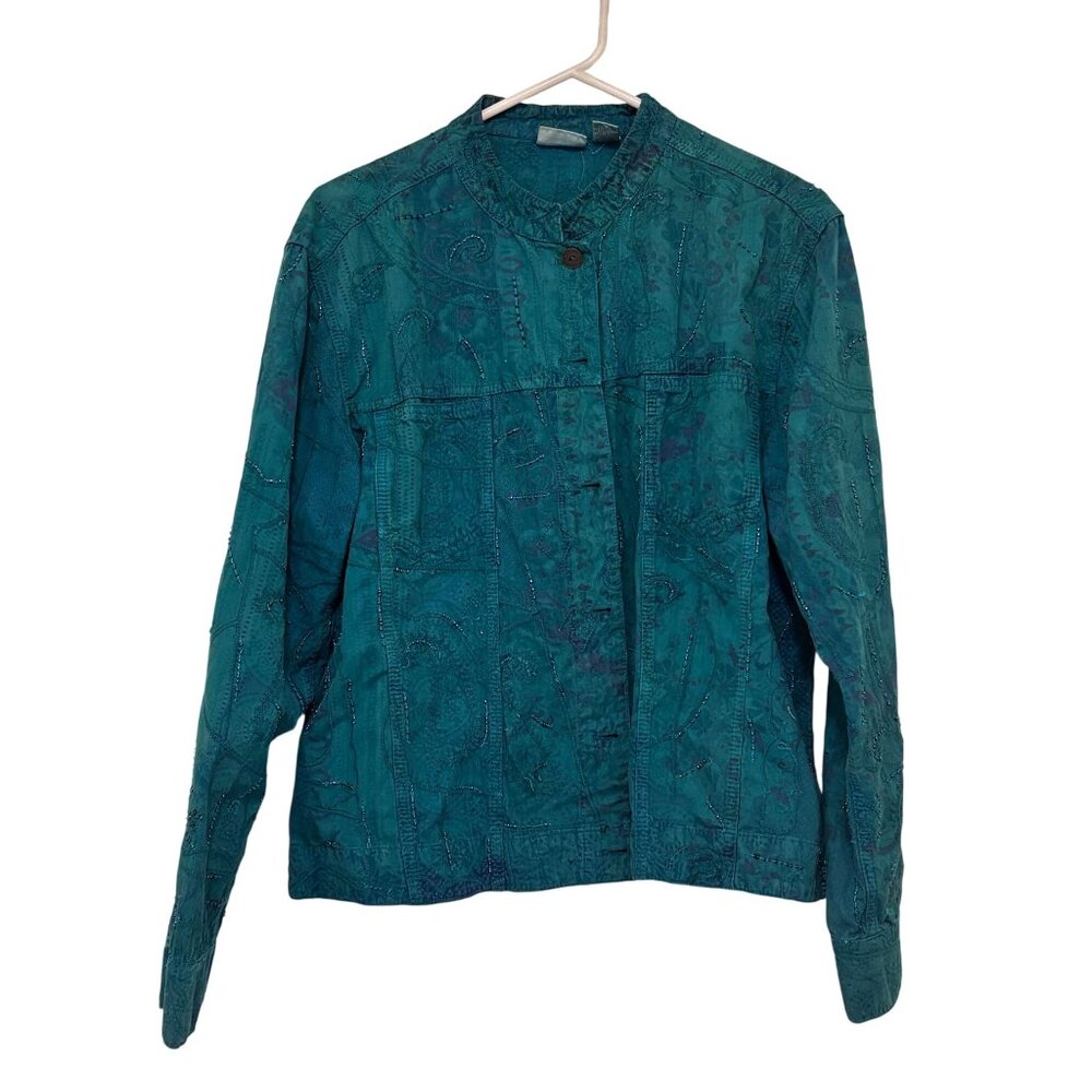 Chicos Size 2 Teal Embroidered‎ Cotton Jacket Made In India